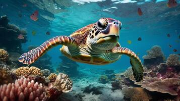 Tortuga vida en el coral arrecife, animales de el submarino mar mundo, generativo ai foto