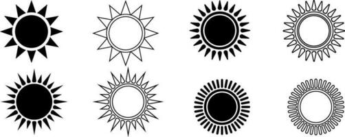 black white sun icon set.outline silhouette sun icon vector