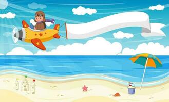 niño volador avión con bandera. vector ilustración