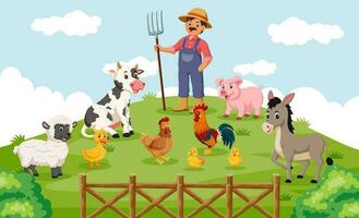 Farm Scene With Cartoon Animals. Vector illustration