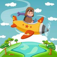 contento niño volador en avión. vector ilustración