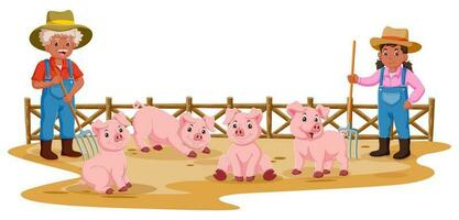 Cartoon of happy farmers and pigs on the farm vector