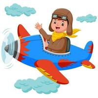 contento niño volador en avión. vector ilustración