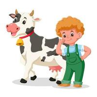 dibujos animados niño chico con vaca. vector ilustración