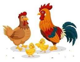 Illustration Of Rooster Chicken And Chicks. Vector illustration