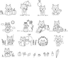 Fox cartoon character big set, outline hand drawn style vector