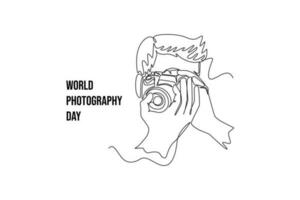 Single one line drawing  Photographer with camera. World photography day concept. Continuous line draw design graphic vector illustration.