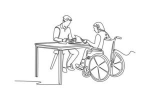 Single one line drawing Disabled person concept working in workplace. Continuous line draw design graphic vector illustration.