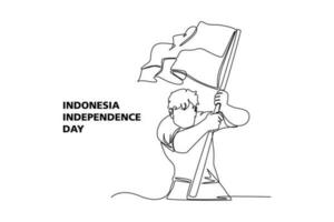 Single one line drawing 17th August Indonesia Happy Independence Day. Continuous line draw design graphic vector illustration.