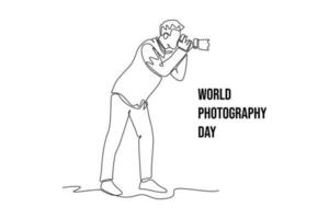 Single one line drawing  Photographer with camera. World photography day concept. Continuous line draw design graphic vector illustration.