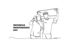 Single one line drawing 17th August Indonesia Happy Independence Day. Continuous line draw design graphic vector illustration.