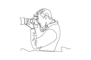 Single one line drawing  Photographer with camera. World photography day concept. Continuous line draw design graphic vector illustration.