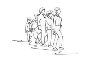 Continuous one line drawing concept of a crowd of happy people outdoors. Single line draw design vector graphic illustration.