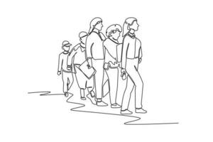 Continuous one line drawing concept of a crowd of happy people outdoors. Single line draw design vector graphic illustration.