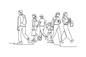 Continuous one line drawing concept of a crowd of happy people outdoors. Single line draw design vector graphic illustration.