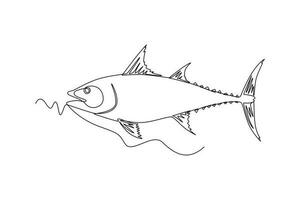 Single one line drawing Fish and wild marine animals concept. Continuous line draw design graphic vector illustration.