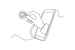 Continuous one line drawing Online doctor and telemedicine. Single line draw design vector graphic illustration.