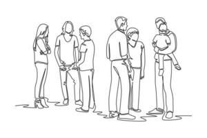 Continuous one line drawing concept of a crowd of happy people outdoors. Single line draw design vector graphic illustration.