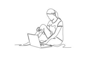 Continuous one line drawing business woman sitting and using laptop. Single line draw design vector graphic illustration.