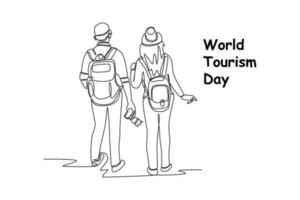 Single one line drawing World tourism day concept. Continuous line draw design graphic vector illustration.