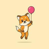 Vector cute baby fox cartoon floating holding ballon icon illustration.