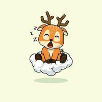 Vector cute baby deer cartoon sleeping on the cloud icon illustration.