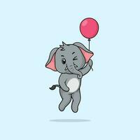 Vector cute baby elephant cartoon floating holding ballon icon illustration.