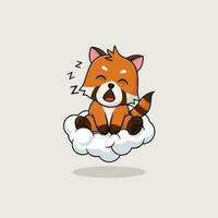 Vector cute baby red panda cartoon sleeping on the cloud icon illustration.