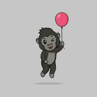 Vector cute baby gorilla cartoon floating holding ballon icon illustration.