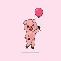 Vector cute baby pig cartoon floating holding ballon icon illustration.