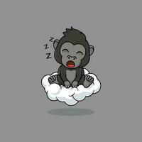 Vector cute baby gorilla cartoon sleeping on the cloud icon illustration.