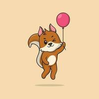 Vector cute baby squirrel cartoon floating holding ballon icon illustration.