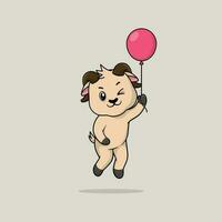 Vector cute baby goat cartoon floating holding ballon icon illustration.