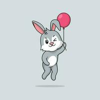 Vector cute baby rabbit cartoon floating holding ballon icon illustration.