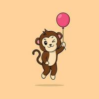 Vector cute baby monkey cartoon floating holding ballon icon illustration.