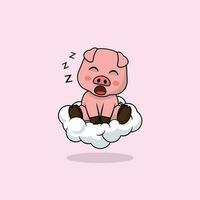 Vector cute baby pig cartoon sleeping on the cloud icon illustration.