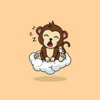 Vector cute baby monkey cartoon sleeping on the cloud icon illustration.