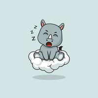 Vector cute baby rhino cartoon sleeping on the cloud icon illustration.