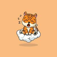 Vector cute baby tiger cartoon sleeping on the cloud icon illustration.