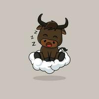 Vector cute baby bull cartoon sleeping on the cloud icon illustration.