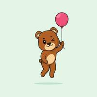 Vector cute baby bear cartoon floating holding ballon icon illustration.