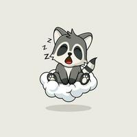 Vector cute baby racoon cartoon sleeping on the cloud icon illustration.