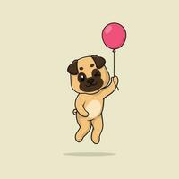 Vector cute baby pug dog cartoon floating holding ballon icon illustration.