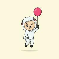 Vector cute baby sheep cartoon floating holding ballon icon illustration.