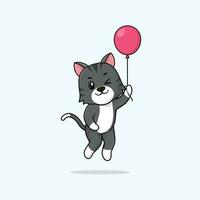 Vector cute baby cat cartoon floating holding ballon icon illustration.