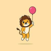 Vector cute baby jungle king cartoon floating holding ballon icon illustration.