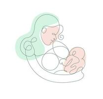 Breastfeeding Mother holding Baby in her arms. Woman Breast Feeding her newborn child vector illustration in Line Art style.