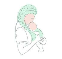 Breastfeeding Mother holding Baby in her arms. Woman Breast Feeding her newborn child vector illustration in Line Art style.