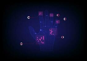3d wireframe hand with handprint scan technology. Vector hand up illustration on blue background