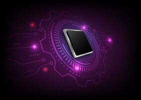 Abstract 3D microchip processor with gear wheel on purple  background. Futuristic technology vector background.